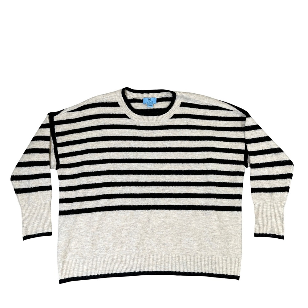 CeCe Womens Striped Crewneck Sweater Cream Black Drop Shoulder Large